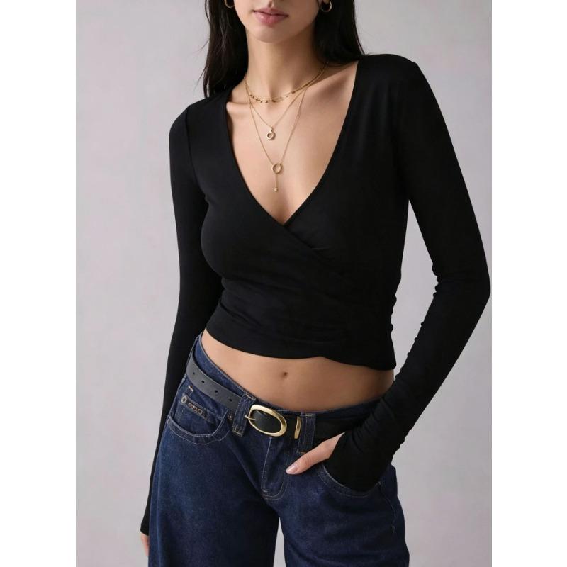 Women S Slim Fit V Neck Long Sleeve T Shirt With Cross Waist Wrap