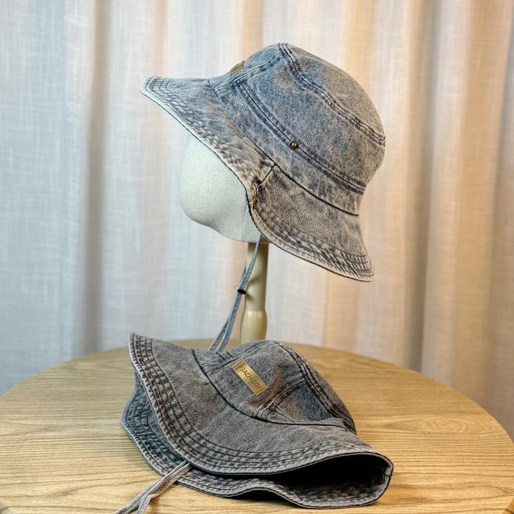 New washed distressed denim fisherman hat for women, makes the face look smaller, Japanese style, suitable for large head sizes, sun protection,