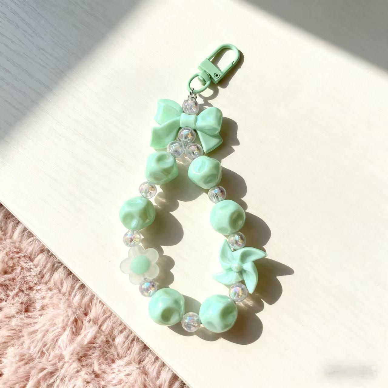 Dopamine Girly Flower Bow Beaded Phone Chain & Lip Gloss Holder Keychain A зелёный