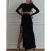 Xiaoke Wiwi European and American Ins Style Sexy Temperament Hollow out Long sleeve Top Irregular Skirt Fashion Two-piece Set