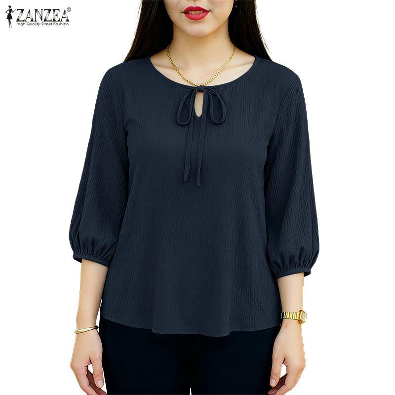 ZANZEA Women Casual Round Neck 3/4 Sleeve Loose Blouse