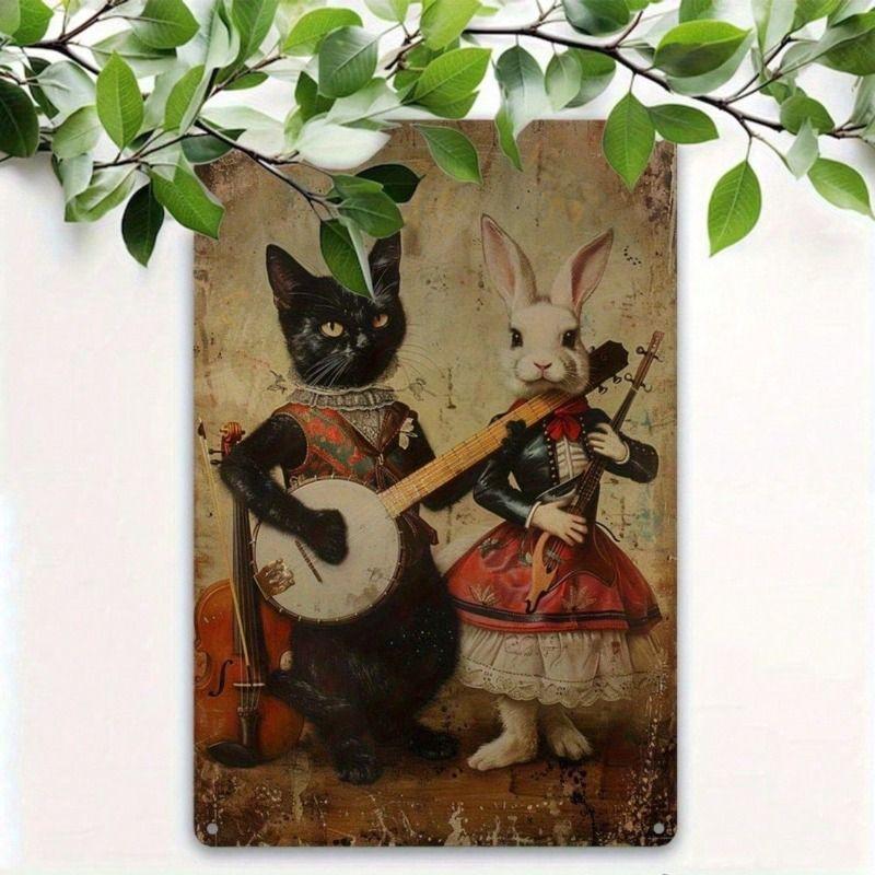 

Vintage Rabbit and Cat Musicians Metal Wall Poster, Coffee Shop Decor