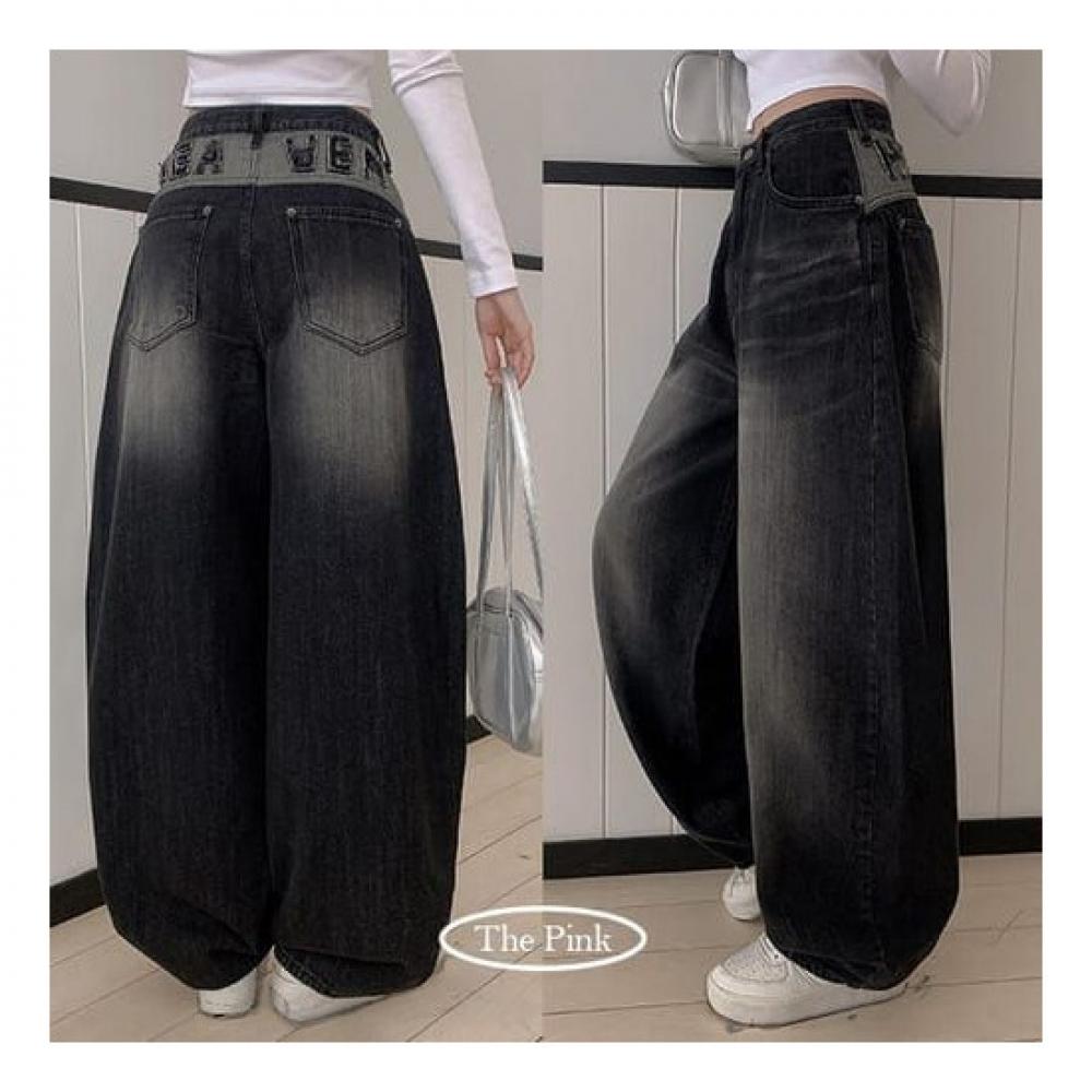 The Pink High Waist Back Point Balloon Wide Denim Pants