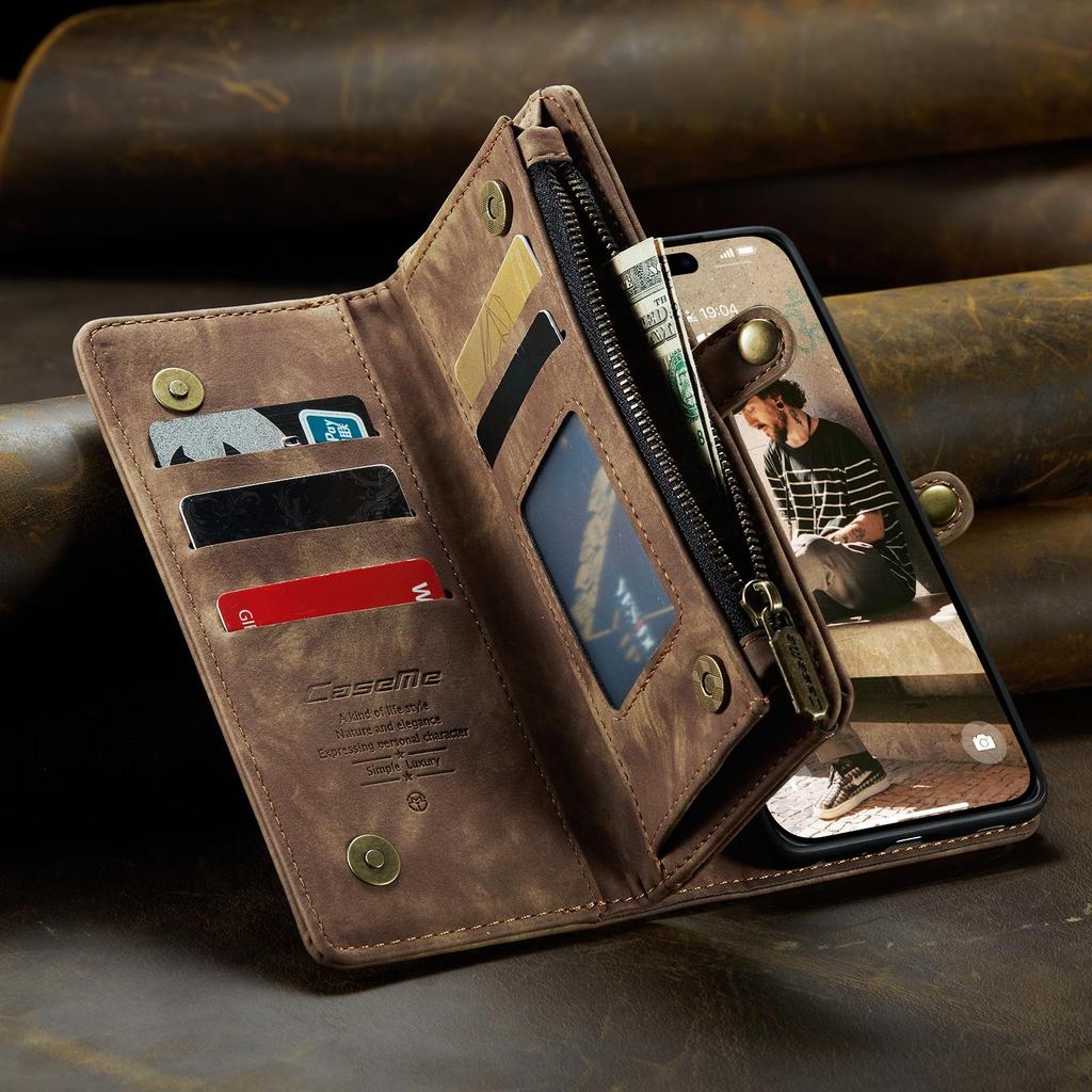CaseMe-008 For iPhone 16 Pro Max Removable 2-in-1 Zipper Wrise Strap Multi-functional Wallet Case Card Slots Phone Cover