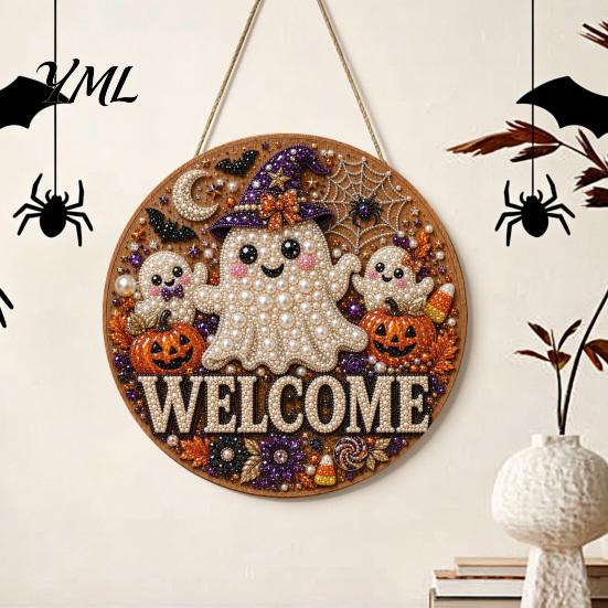 Wall Hanging Decor Halloween Faux Pearl Door Sign Kit, Ghost Skull Skeleton Cat Welcome Decoration Crafts Handmade Painting Arts for DIY Art