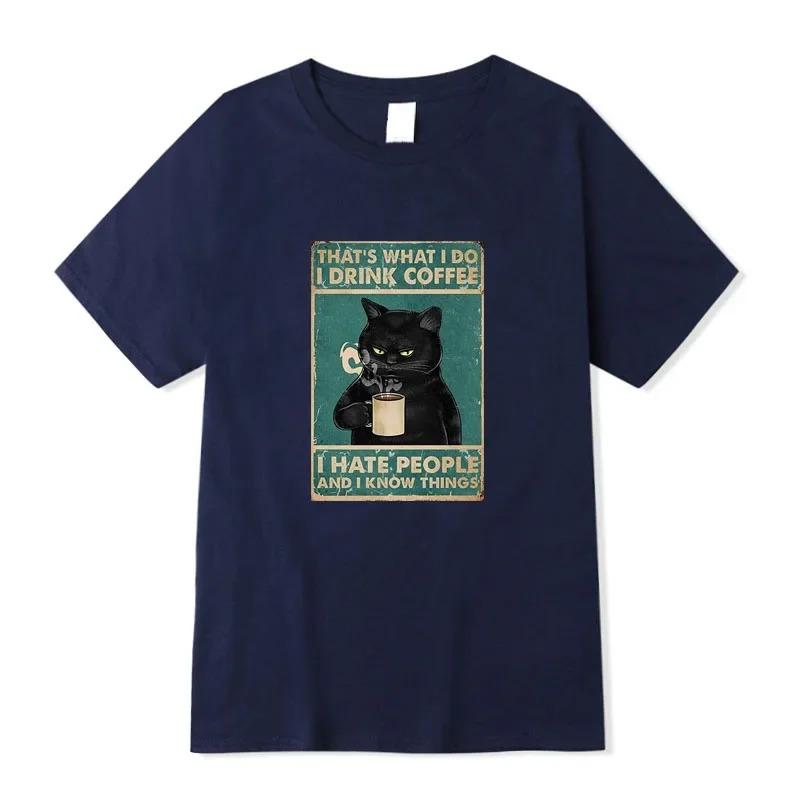 Oversized White Short-Sleeve T-Shirt Featuring "I Drink Coffee I Hate People And I Know Things" Grumpy Black Cat Vintage Meme Graphic Print