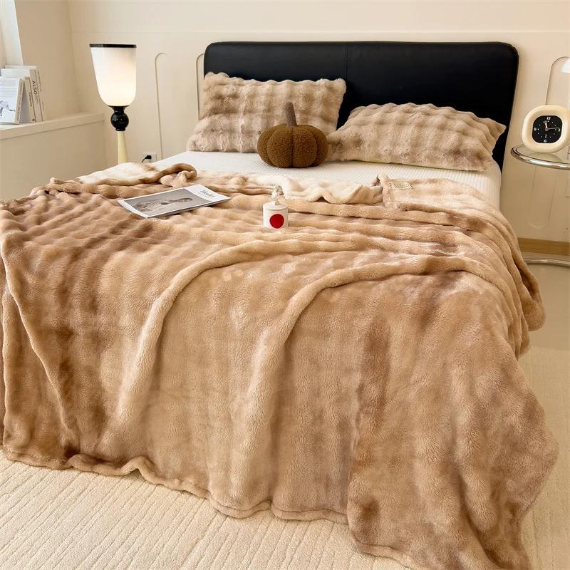 Luxury Faux Rabbit Fur Throw Blanket Winter Warm Soft Cozy Fluffy Home Decorative Tie-dye Bed Blankets Couch Sofa Furry Blanket