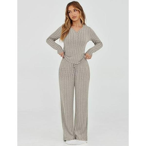Casual Knitted Long-sleeved Suit Women s Sweater Loose Trousers Two-piece Suit XS хаки
