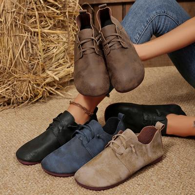 Novos sapatos casuais de sola reta estilo retrô tamanho grande para mulheres, comércio exterior, cano baixo, cadarço frontal, mocassins preguiçosos desejo