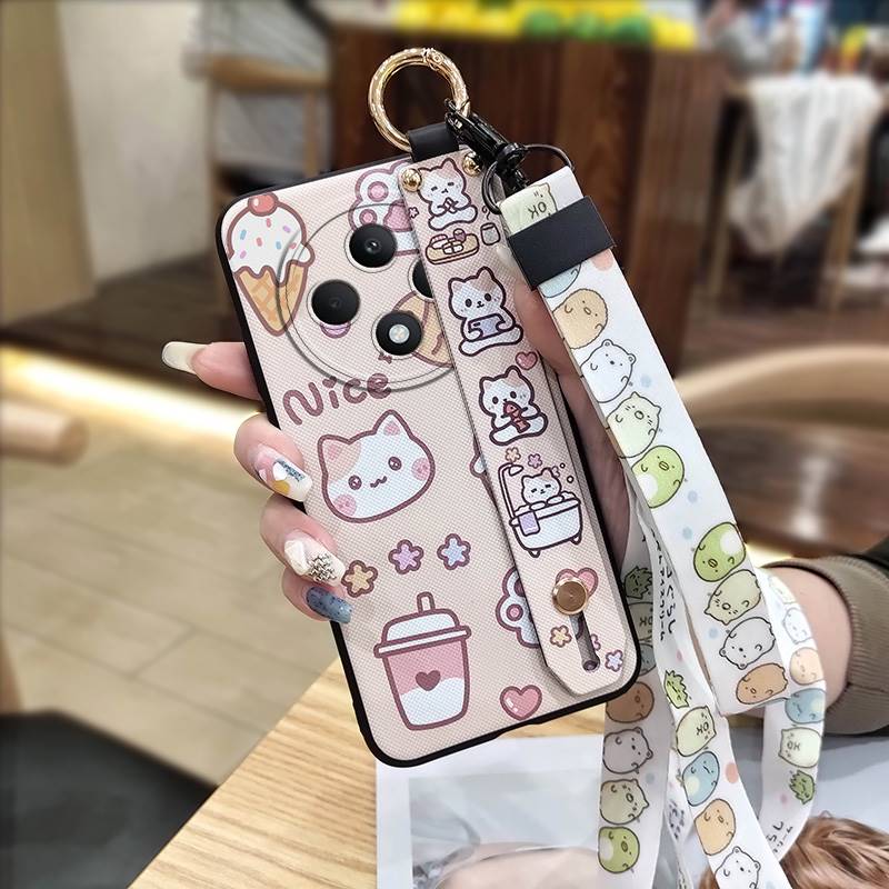 Back Cover Waterproof Phone Case For OPPO Reno12F 5G Silicone Wristband Ring Cartoon Shockproof Anti-knock Wrist Strap