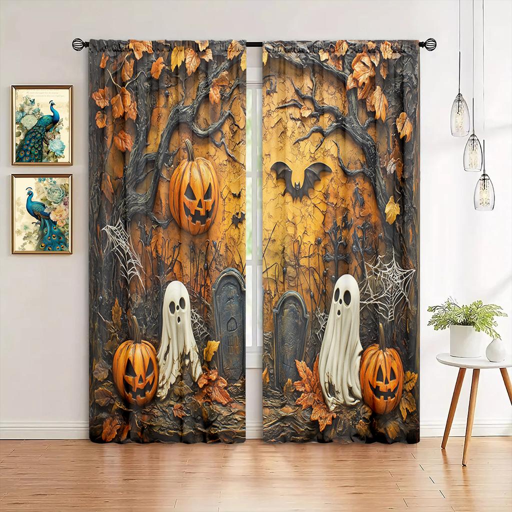 2pcs Pumpkin Cemetery Ghost Printed Curtain for Halloween Home Decor - Rod Pocket Window Treatment for Bedroom, Office, Kitchen