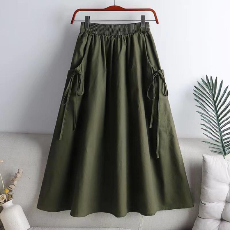 Drawstring midi skirt for women, 2026 summer new style, versatile solid color, drawstring pocket, elastic waist, mid-length workwear skirt