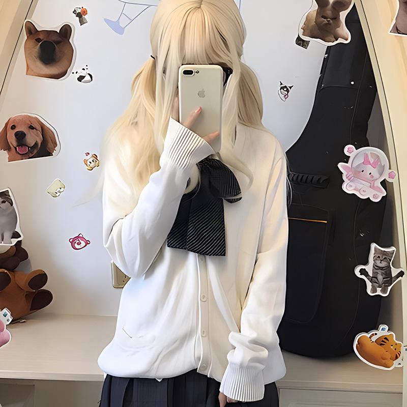 Japanese College Style V-Neck Cardigan for Women - Autumn/Winter School Uniform Sweater