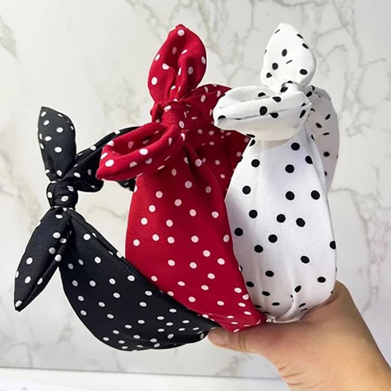 Solid Color Fabric Polka Dot Bow Head Scarf Wire Headband For Temperament Wide Headband Fashion Girl'S Makeup Hairband