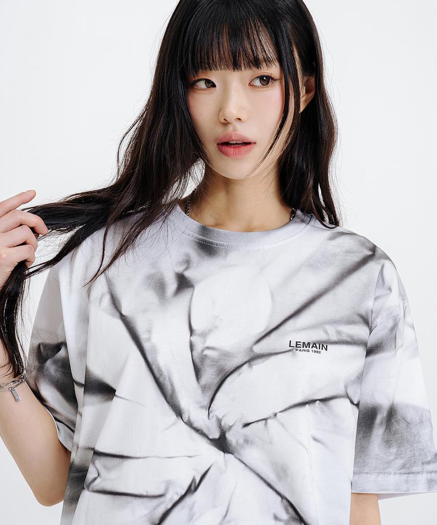 LEMAIN SECOND Tie-Dye Water Print Oversized Short Sleeve T-Shirt [Ivory]