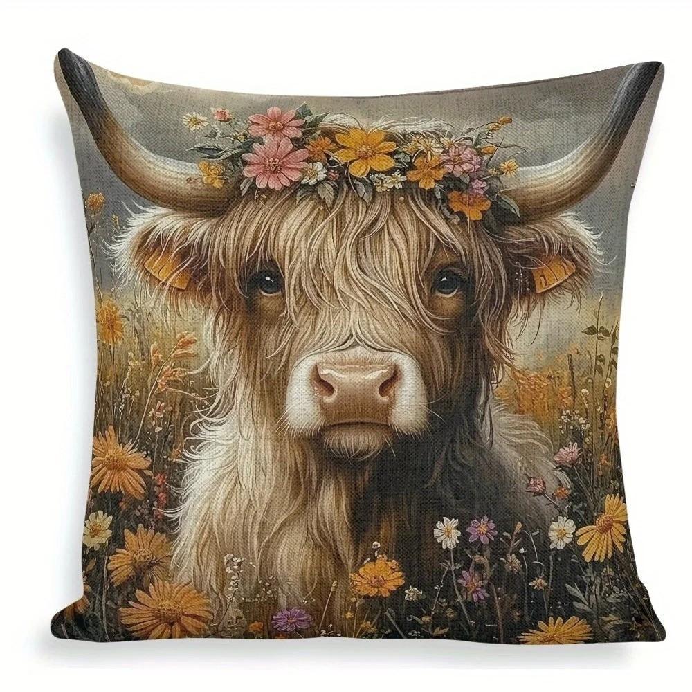 Highland Cows with Flower Crowns Cushion Covers Pattern Cushion Cover Suitable for Sofa Bedroom Car Pillow Cover