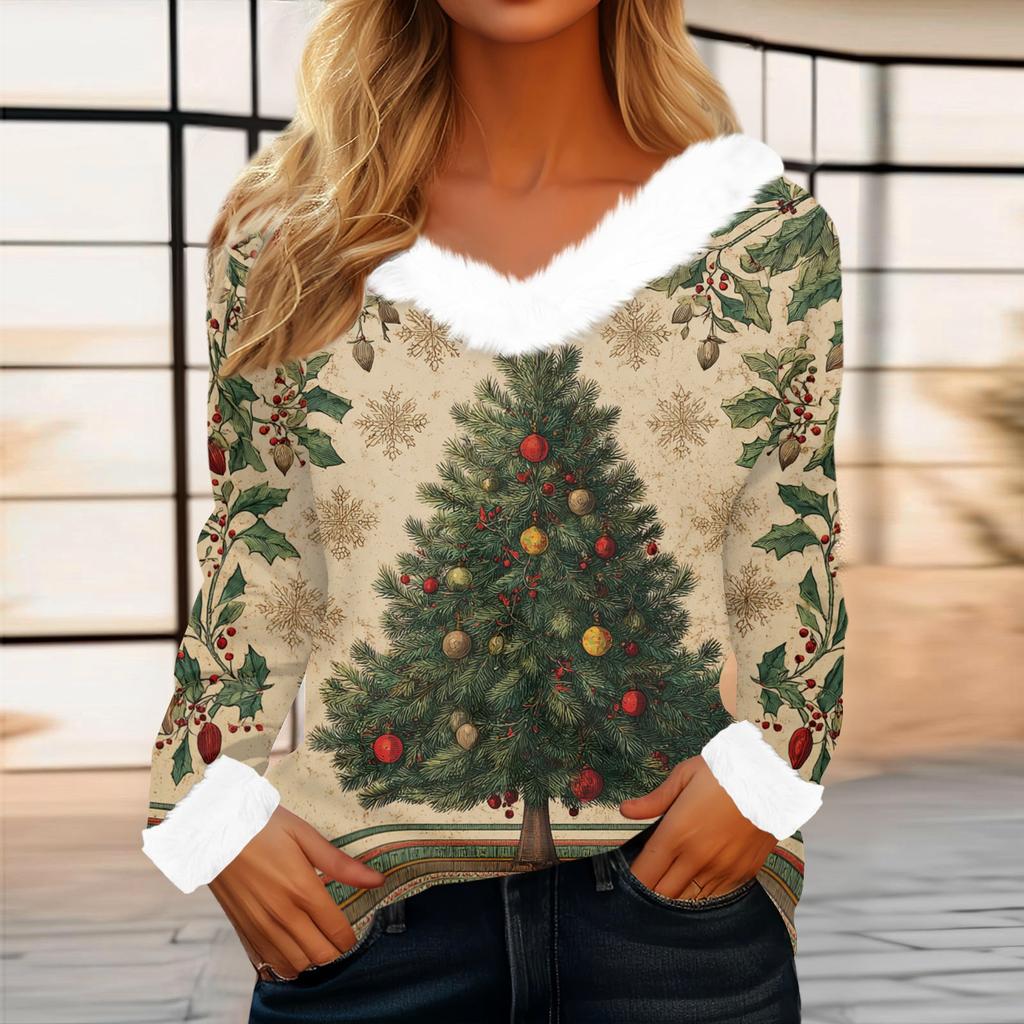 Kadın Günlük Moda Uzun Kollu Noel Baskılı Flanel Yakalı Üst