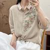 Linen Loose Casual Print Blouse Summer Women T Shirt Fashion Long Sleeve Tops Green White Pattern Tees Shirt