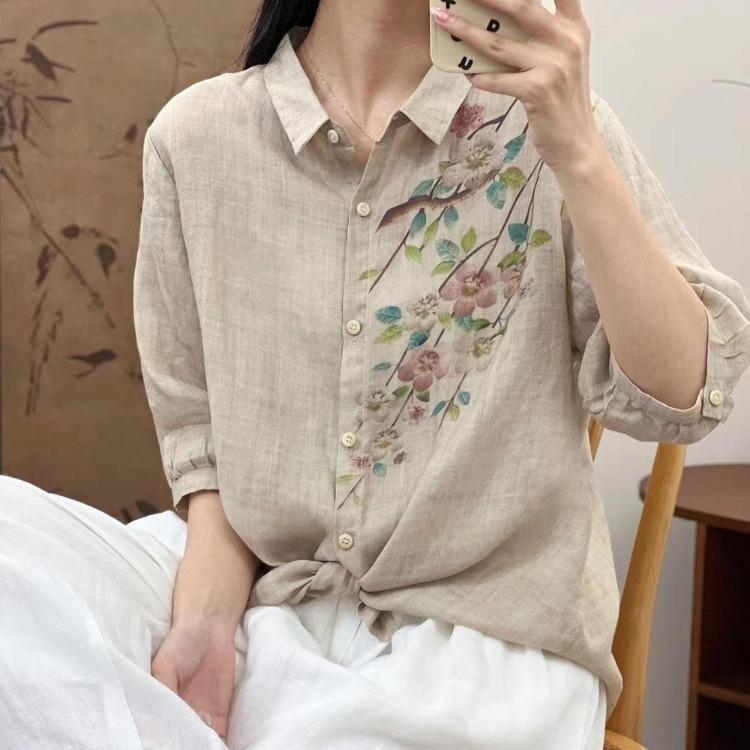 Linen Loose Casual Print Blouse Summer Women T Shirt Fashion Long Sleeve Tops Green White Pattern Tees Shirt