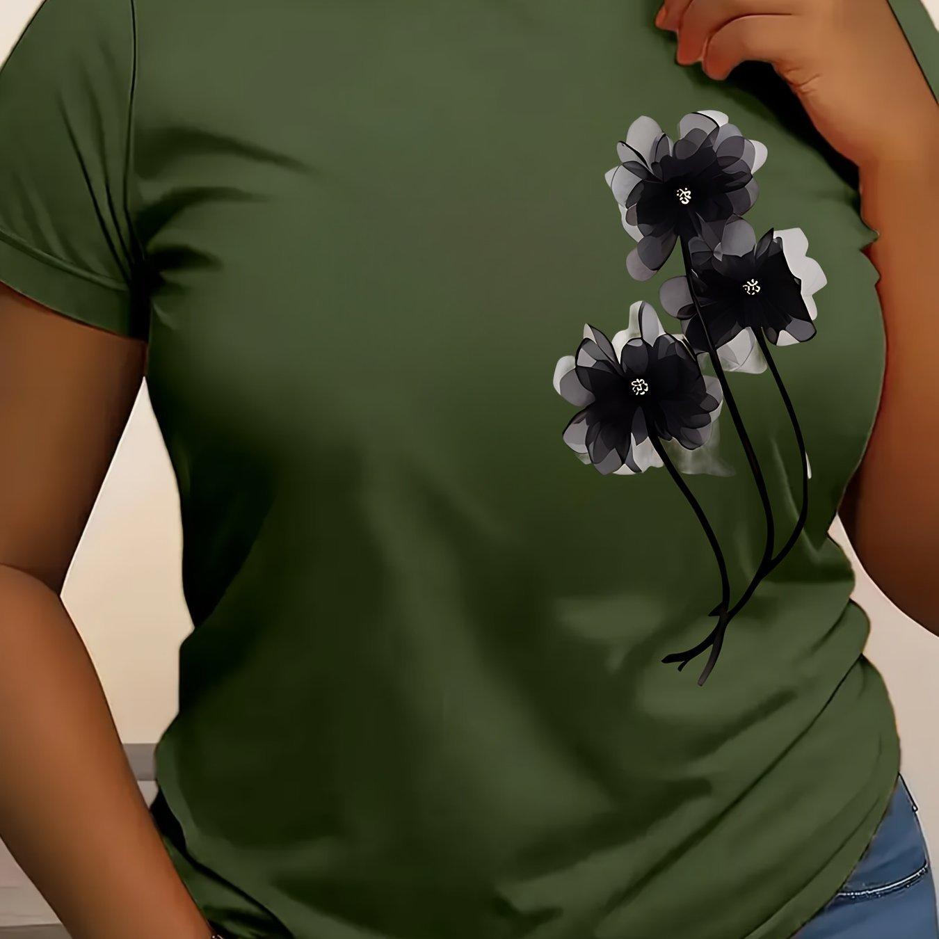 

Летний топ с круглым вырезом и цветочным принтом, модный повседневный, из чистого хлопка, с короткими рукавами, женские футболки 3XL