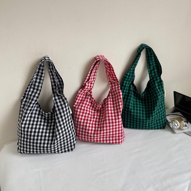 Plaid Canvas Bag Women's Large-capacity New Summer Versatile Shoulder Bag Lightweight Student Class Tote Bag