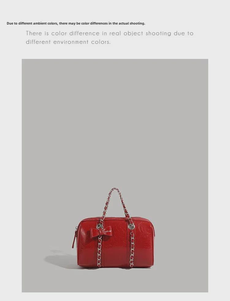 Korean-Style Boston Wax Leather Handbag with Bow Accent