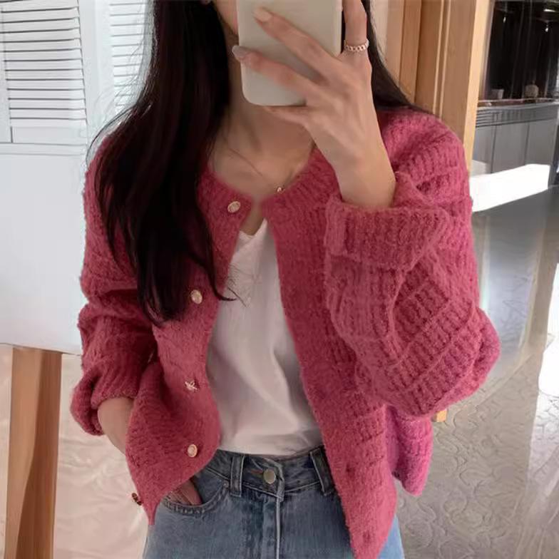 New autumn retro small fragrant wind round neck textured woven cardigan loose long-sleeved sweater women's knitted outer fit