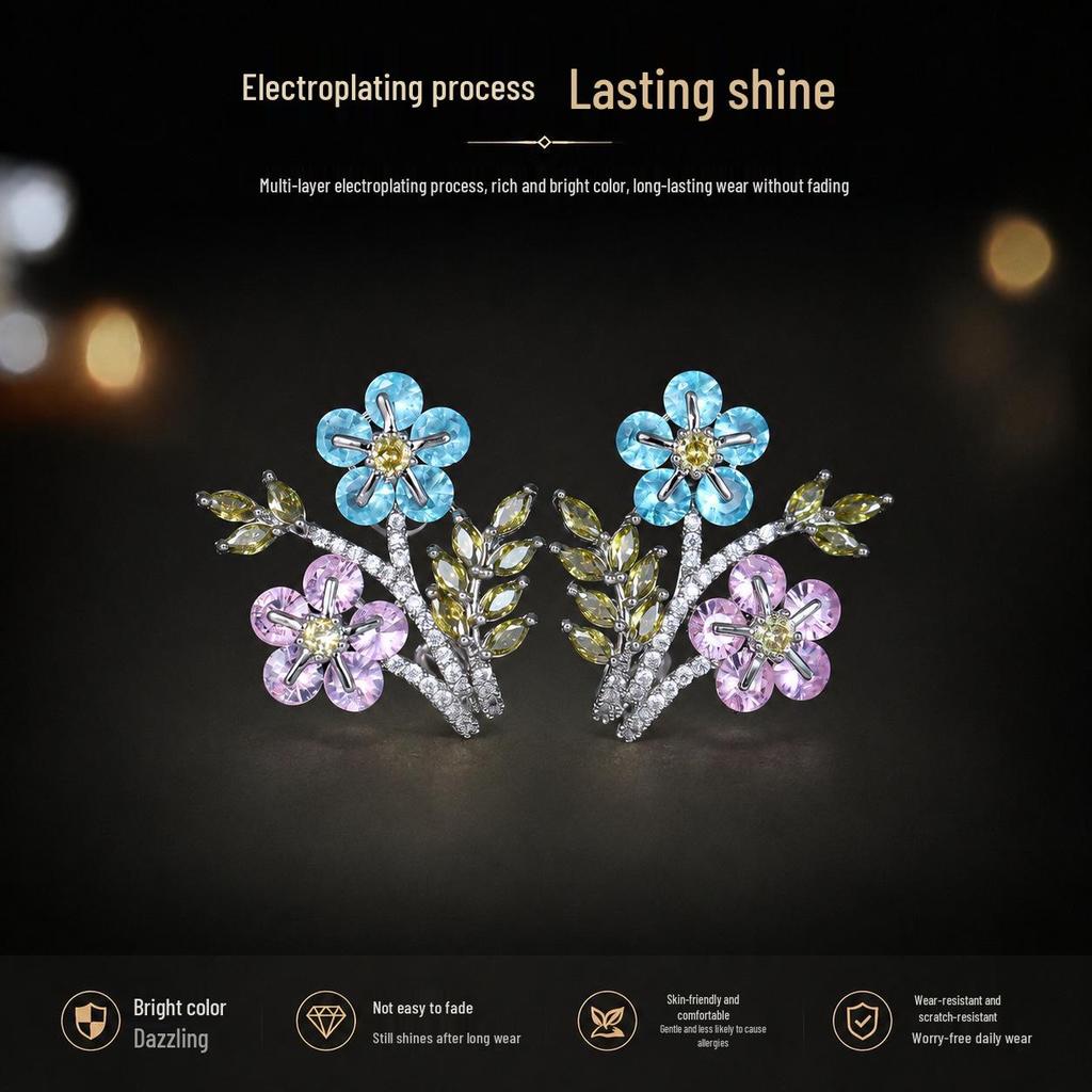 Elegant S925 Silver Floral Earrings with Zircon, Light Luxury Niche Design for Women 2026
