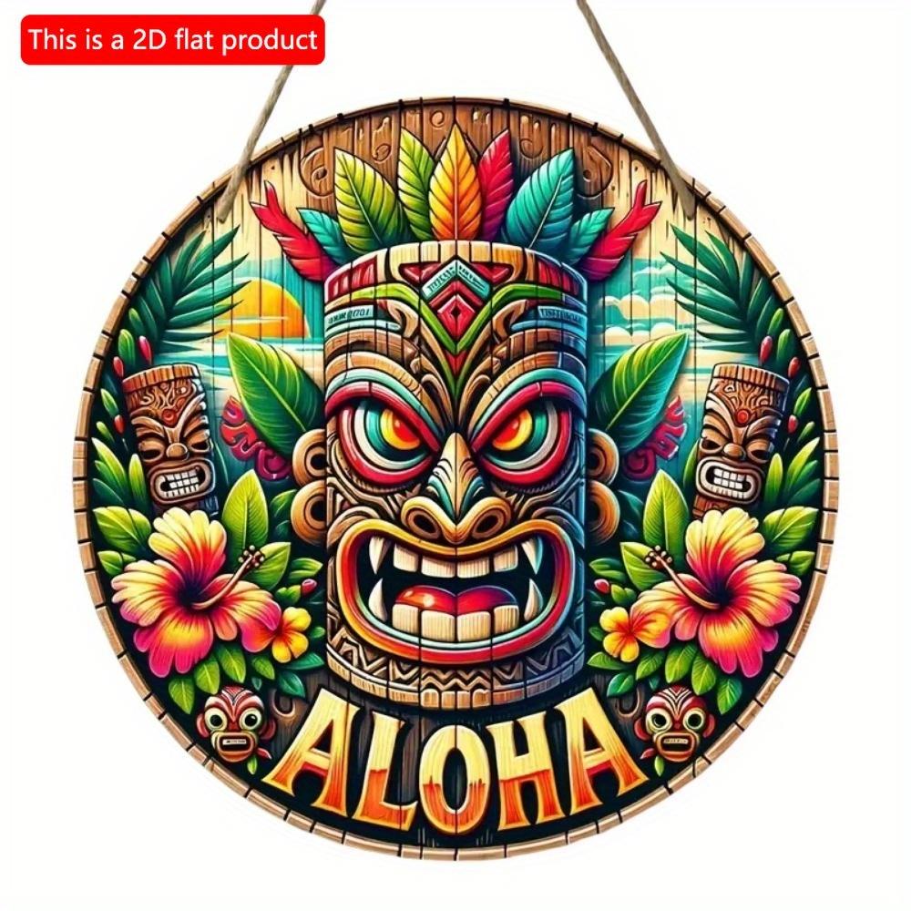 1pc 2d Flat Hawaiian Tiki Mask Bar Sign - 20cm Round Wood Art Decoration for Home, Garage, Cafe, Restaurant, Bar, BBQ, Beach, Resort Decoration