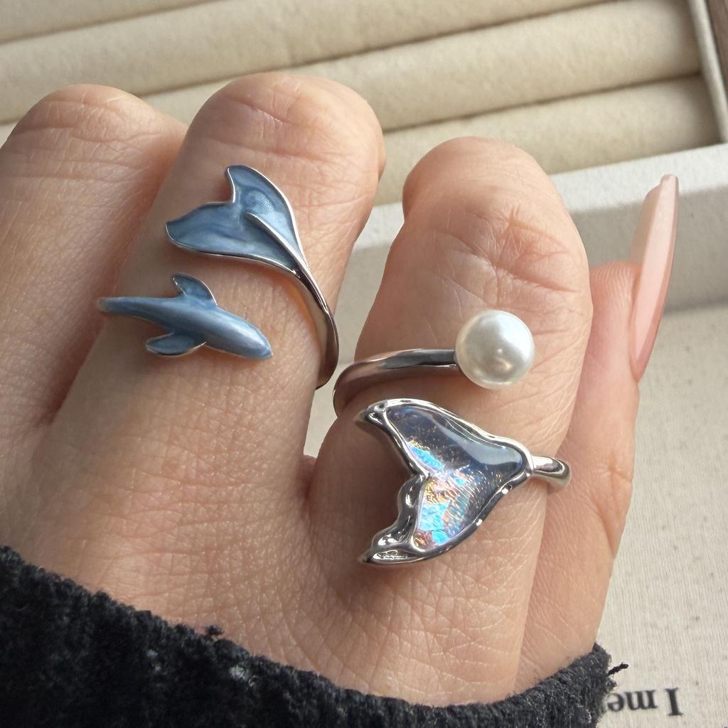 BF CLUB 925 Sterling Rings for Women Simple Geometric Handmade Irregular Retro Blue Whale Tail Ring Allergy For Birthday Gift