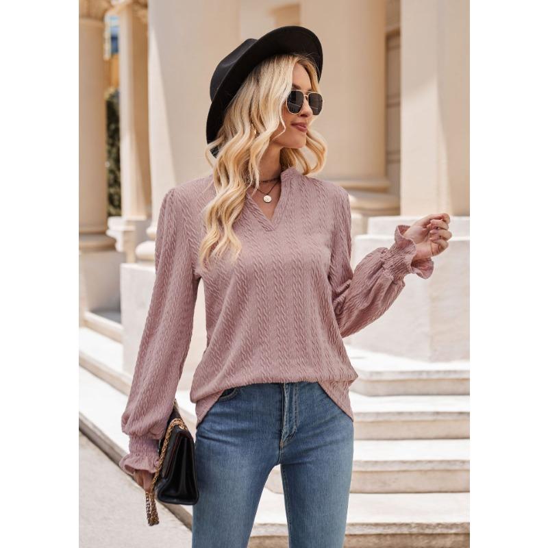 Autumn and Winter Women's Blouse Solid Color Knitted Jacquard Long-sleeved T-shirt Twist V-neck Tops