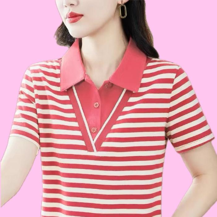 Striped Short-sleeved T-shirt Women's New Summer Large-size POLO Shirt with Lapel Loose Thin Top