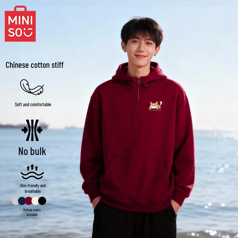 

MINISO Men s Fleece Lined Half-Zip Hooded Sweatshirt 3XL