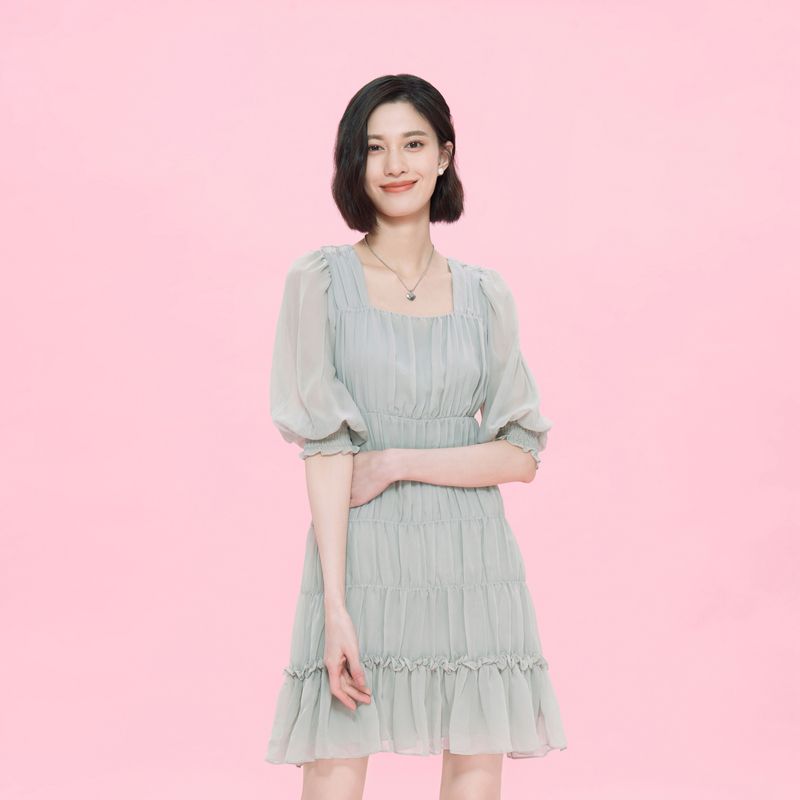 

Obeg Work Clothing Puff Sleeve Chiffon Square Collar Dress Ice Green 155/XS/34