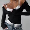 Summer Fashion Contrast T-shirt 2 Piece-Set Women's Off-Shoulder Long Sleeve Patchwork Cropped Top Female Commute Tee Top
