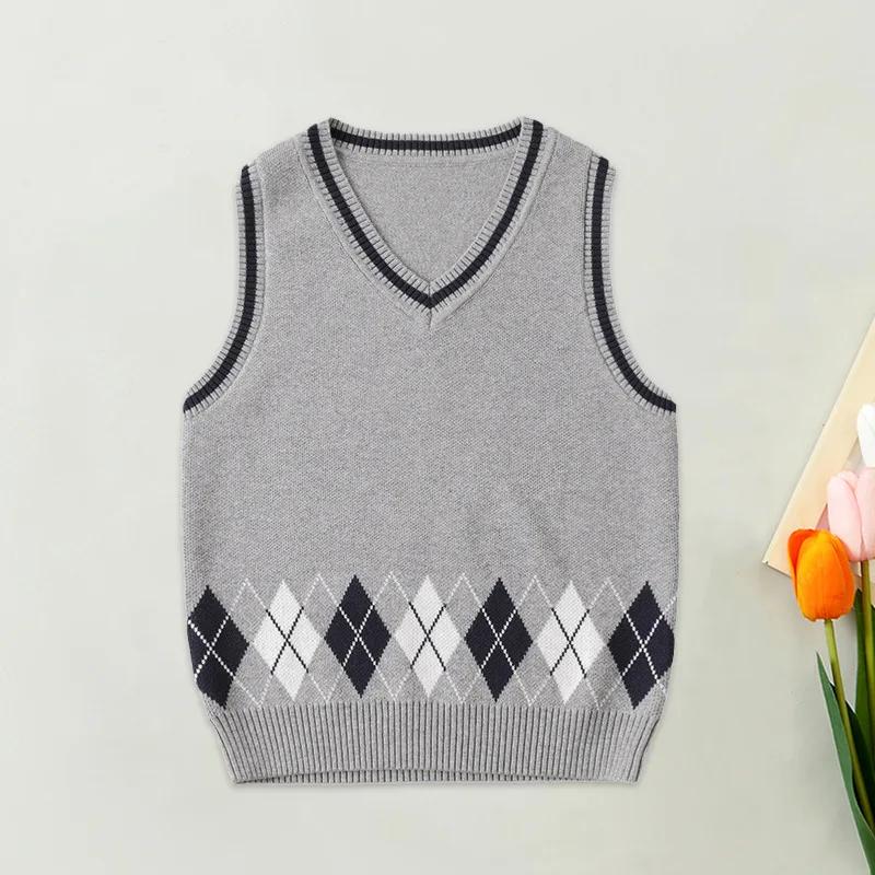 Teen Westen Kinder Strickweste Jungen & Mädchen Schuluniform Pulloverweste 100% Baumwolle V-Ausschnitt Pullover Preppy Stil Kinder Tops
