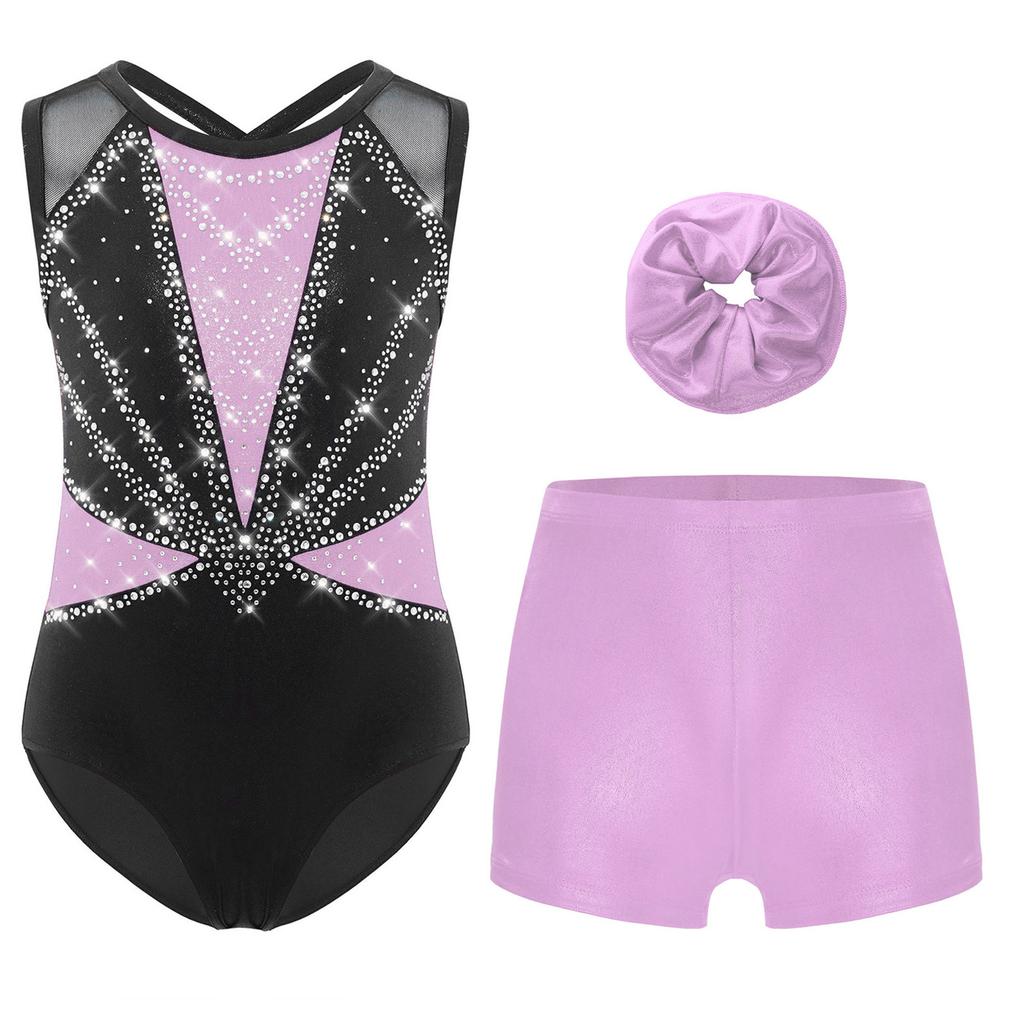 Girls 3 Piece Dance Set Sleeveless Metallic Leotard Criss Cross Back Rhinestones Color Block Design with Shorts Hairband
