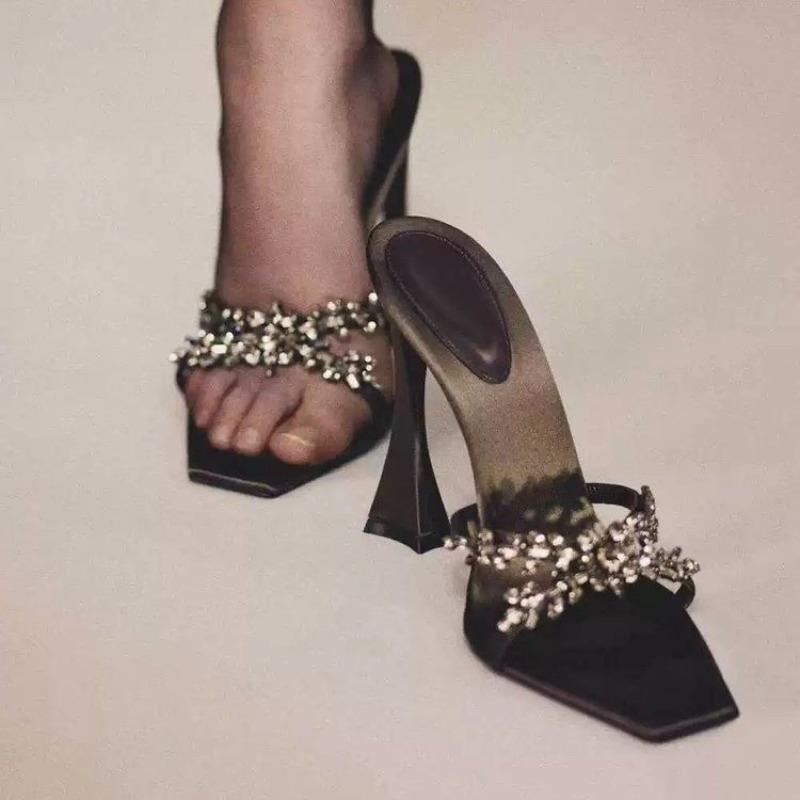 2025 Spring New Square Head Square Head Cross Rhinestone High Heels Black Satin Fine Heel Sandals Sexy Women's Shoes