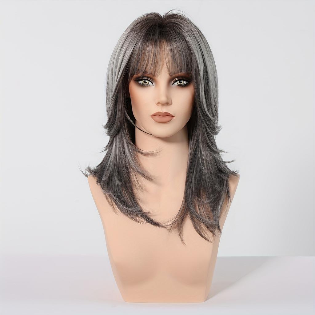 Fashion synthetic wig with medium-length wavy hair in a chin-length style, made of high-temperature hair fibers.