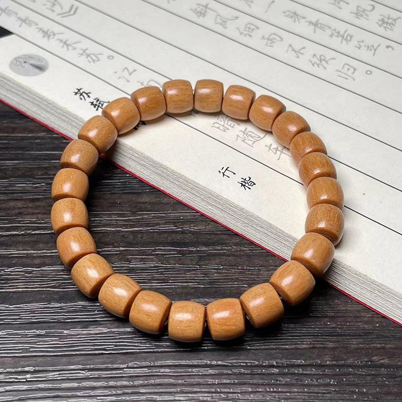 Ethnic Green Sandalwood Straight-Cut Barrel Bead Bracelet, Handmade Unisex Cultural Play Single Loop