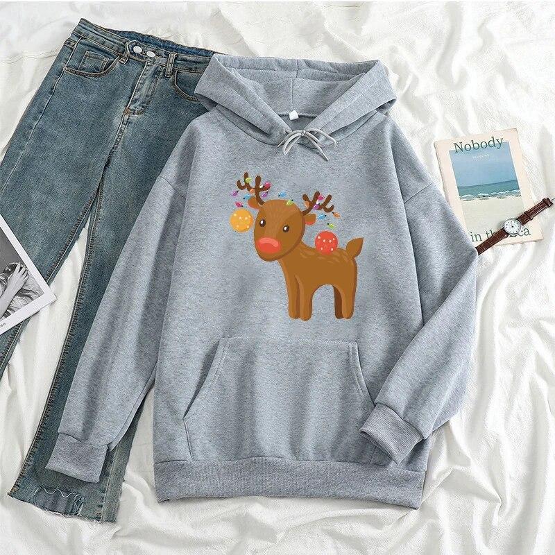 KAWAII Christmas Elk Hoodies Women Unisex Harajuku Fashion Xmas Streetwear Autumn Winte Warm Hooded Sweatshirts Pullover Ropa Mujer