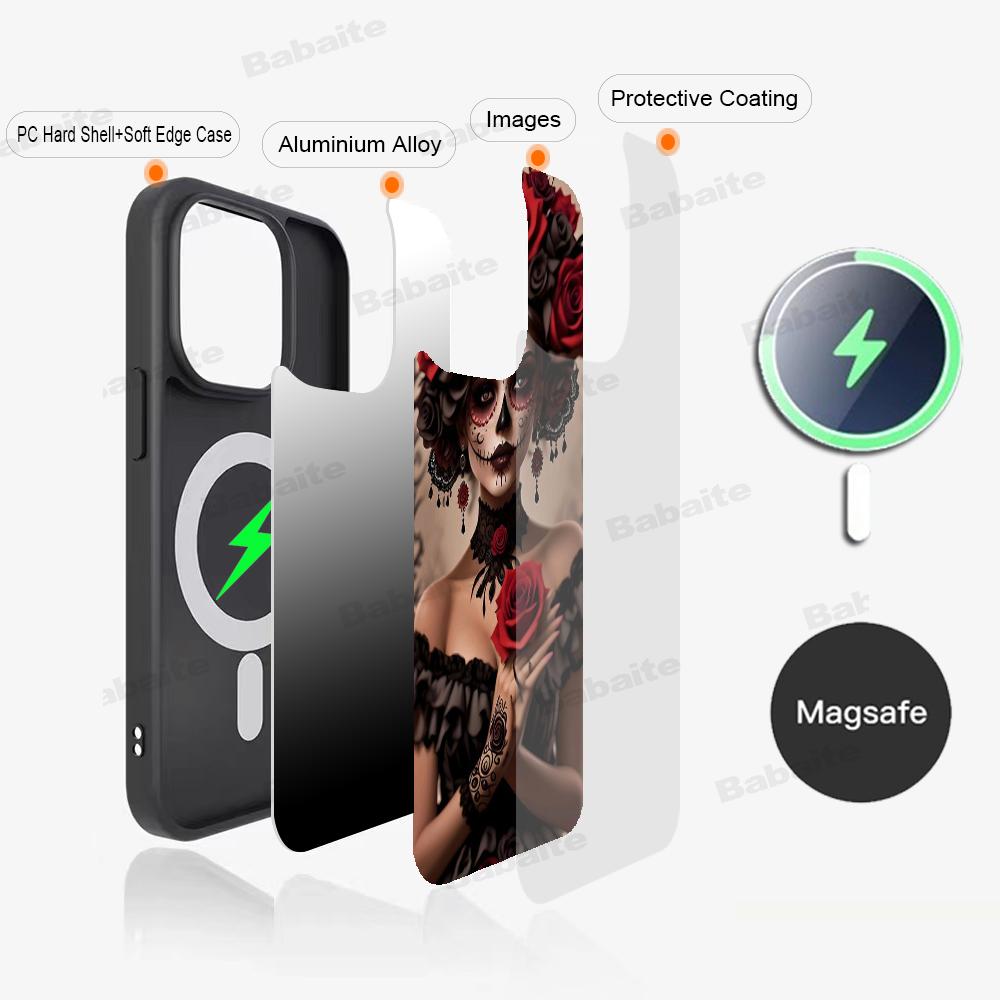 Catrina Beautiful Rose Girl Skull Phone Magnetic Case For IPhone 16 14 13 12 11 15 ProMax Plus For Magsafe Wireless Charge Cover