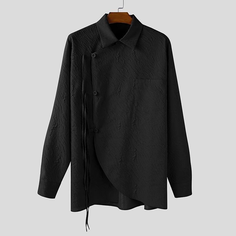 INCERUN Oversized Men Turn Down Collar Long Sleeve Side Cross Irregular Texture Shirts Tops