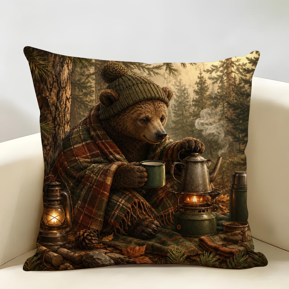 Cool Funny Bear Coffee Cushion Cover Durable Hypoallergenic Organic Linen Pillow Cover Short Size Washable Skin-Friendly