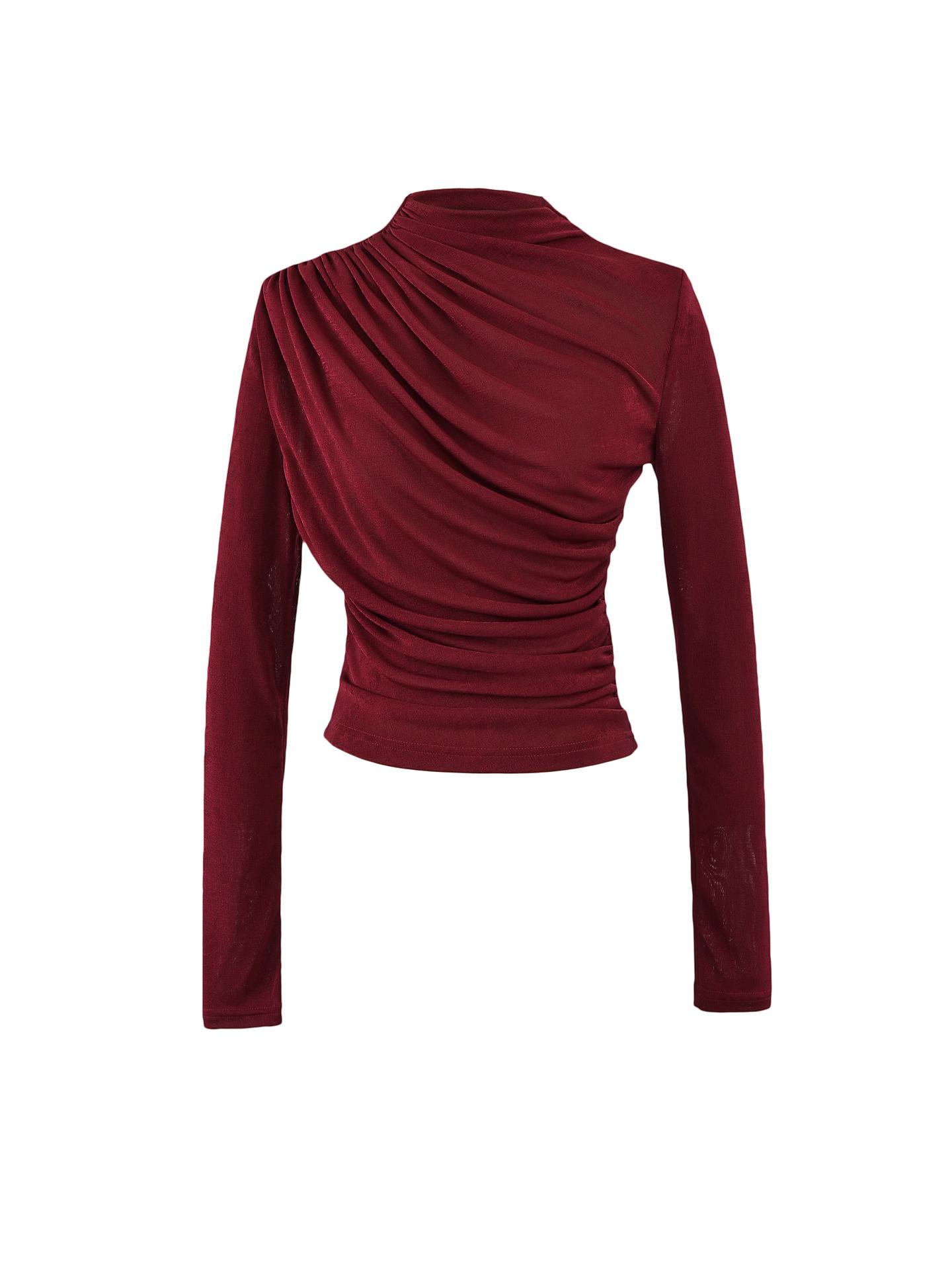 Women s Pleated High-Neck Long-Sleeve Slimming Base Layer Top - Autumn Wear Large