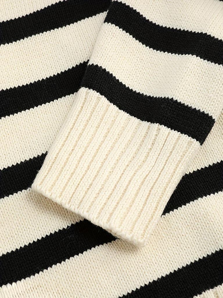 Retro Striped Polo Collar Wool Sweater for Women - Loose, Versatile Lapel Knitwear for Autumn