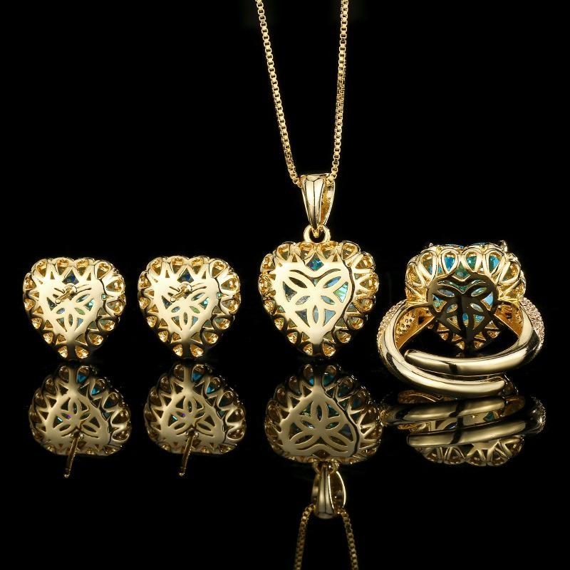 New Accessory Set Necklace Ring Earring Inlaid With Navy Blue Heart-shaped Design Women Fashionable High-end