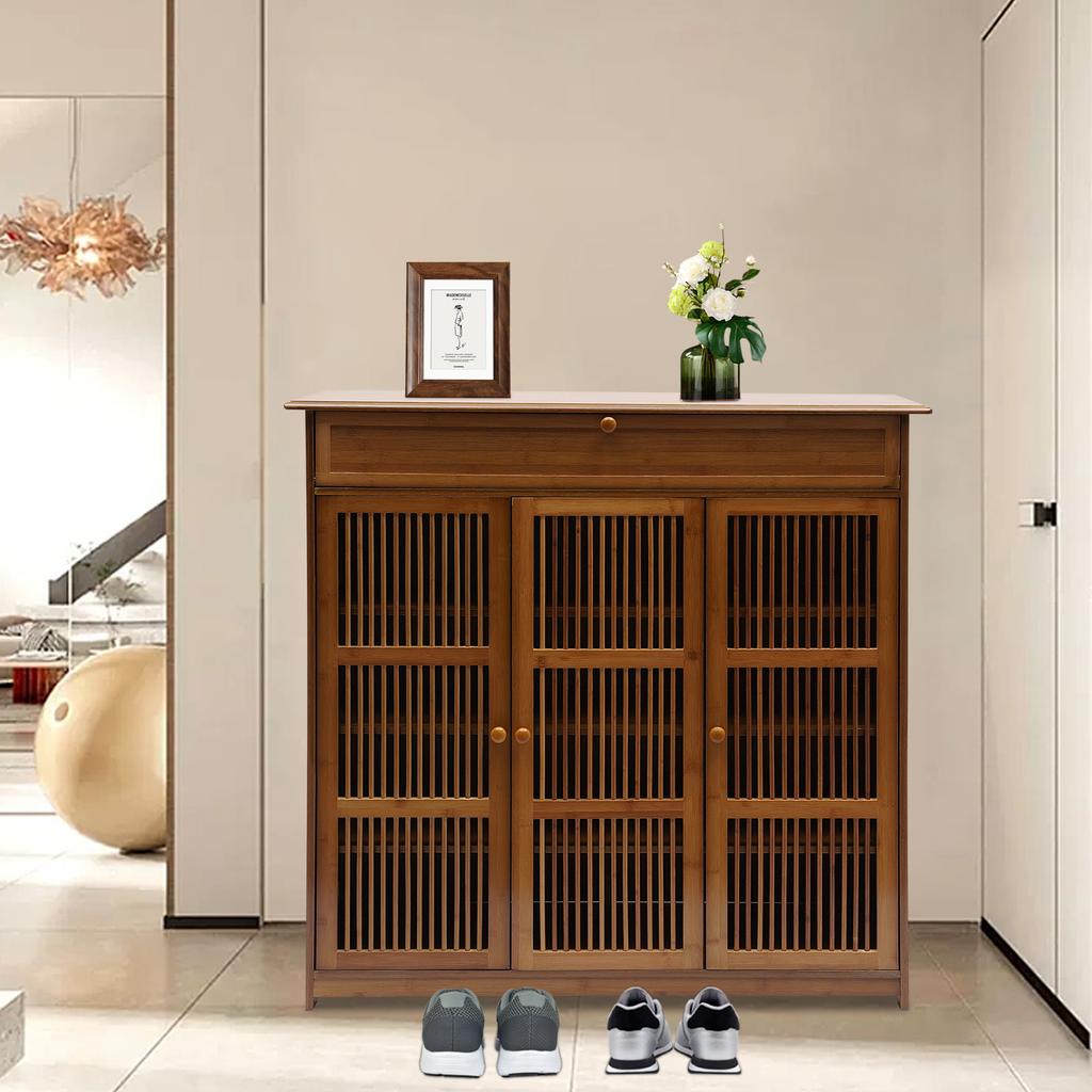 3-Tier Bamboo Shoe Cabinet W/ Shutter Doors & 1 Drawer - Holds 25 Pairs, Modern Wooden Shoe Rack Organizer for Entryway, Hallway