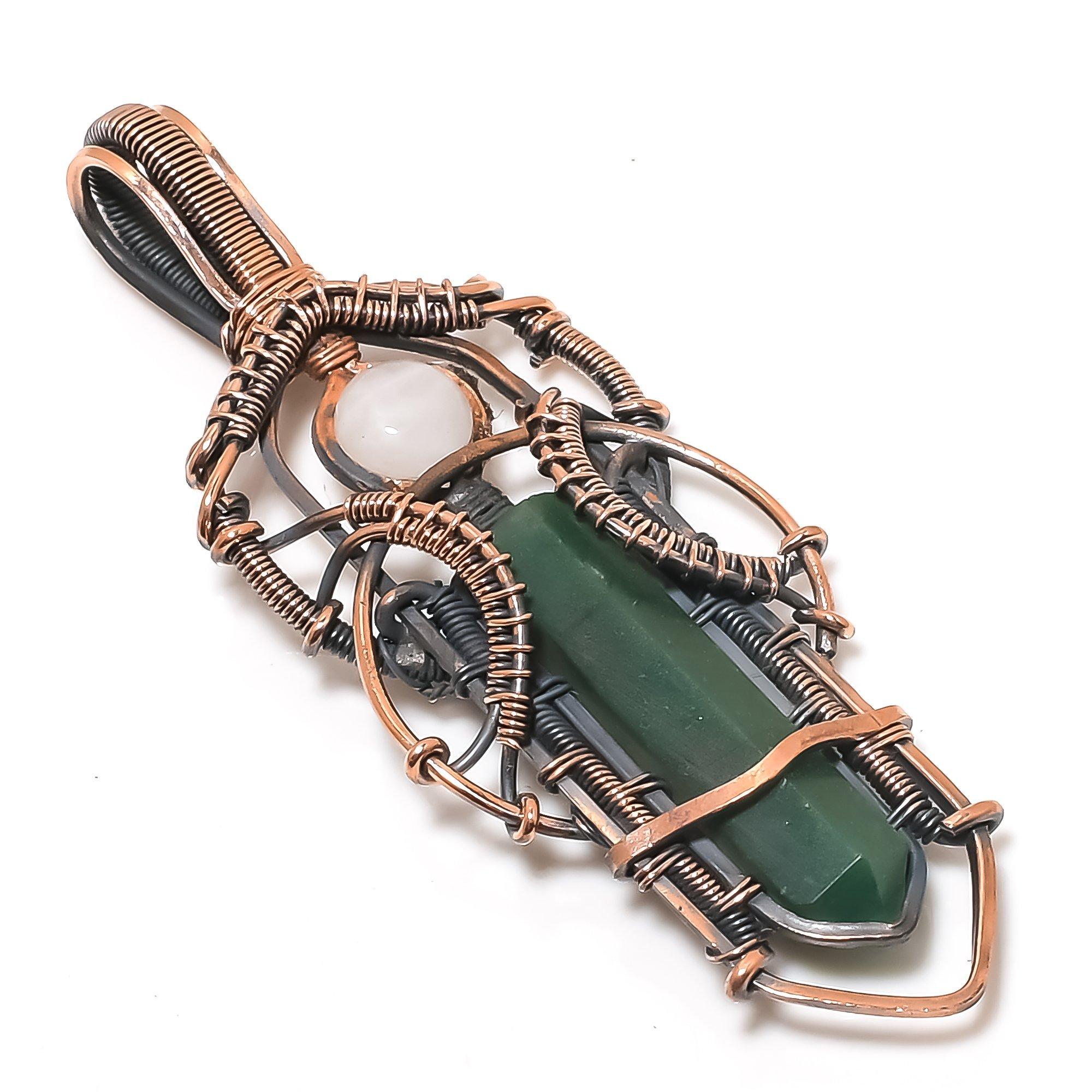 

Green Zade & Moonstone Pendant, 999 Copper Wire Wrapped Gemstone Jewelry, Handmade Pendant, Gift For Love