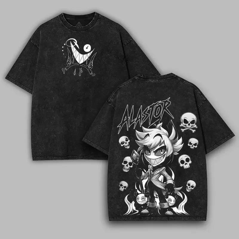 2026 Summer Hot Sale Anime Hazbin Hotel Vintage Tshirt Y2k Unisex Gothic Washed Clothes Hip Hop Streetwear Oversized Tshirt